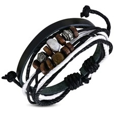 Multi-Wrap Leather Rope Beaded Wristband Adjustable Bracelet, 10"