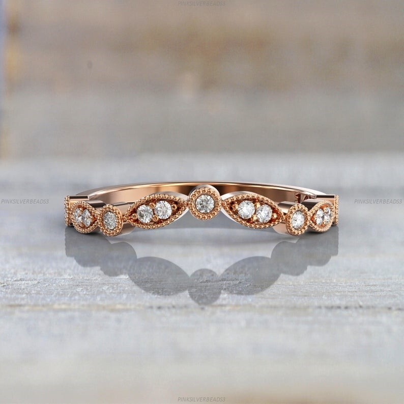 Gift For Her 14k Rose Gold Natural Moissanite Wedding Band Ring