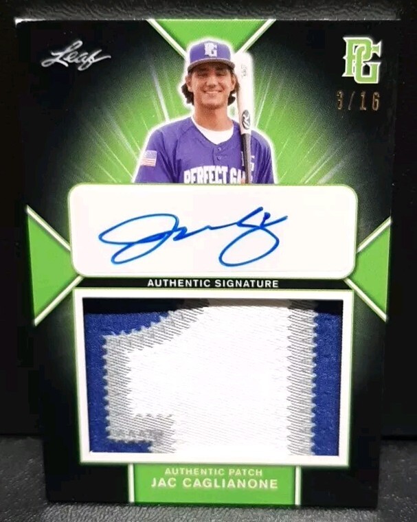 3/16 Leaf 2020 Perfect Game Jac Caglianone 3 Color Auto Patch Card