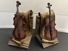 2 VTG Musical Themed Violin Bookends With Music Sheet Notes Room Decor 9" tall