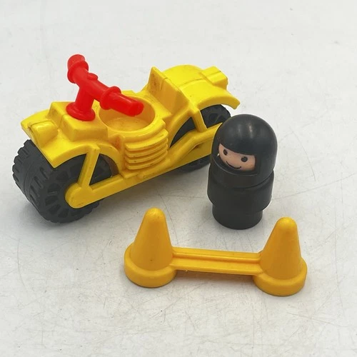 Vintage Fisher Price Little People Yellow Motorcycle Dirt Bike W/ Driver & Cones
