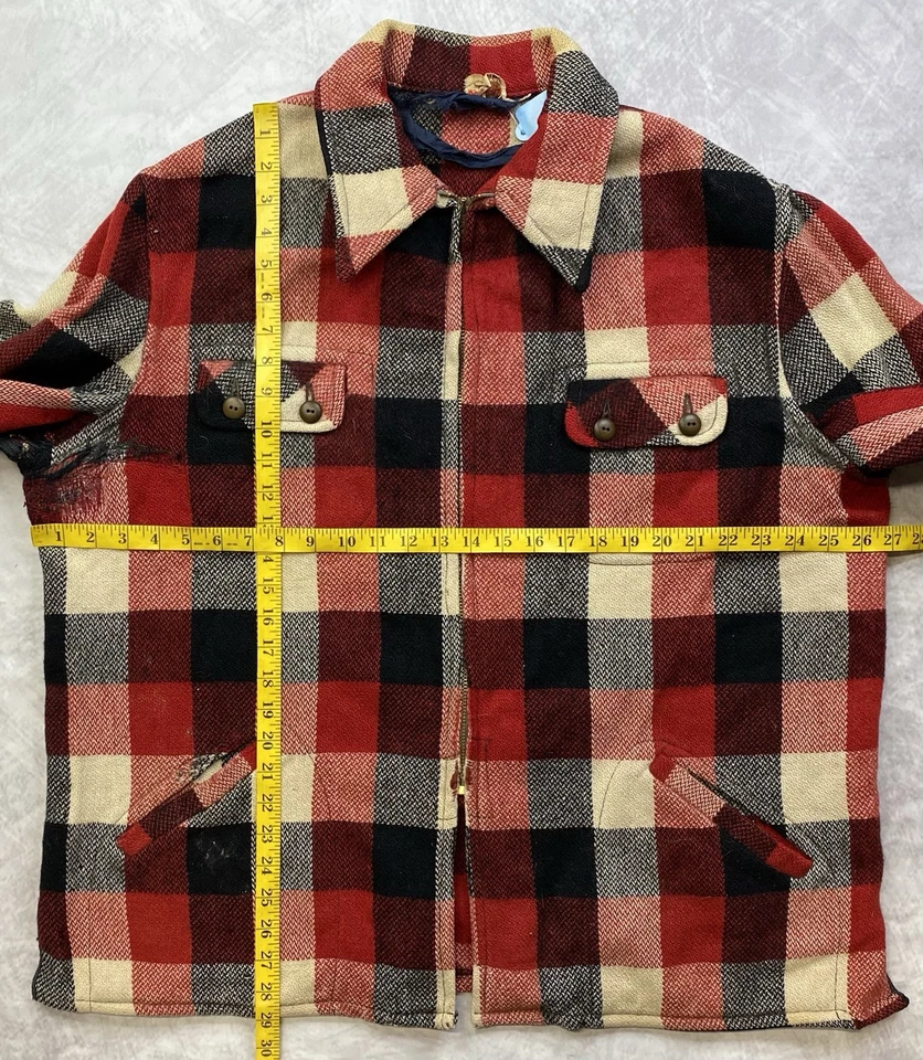 Vintage 40s 50s Buffalo Plaid Shirt Jacket Size 52 Hunting Rare Talon Zipper - Image 3 of 4
