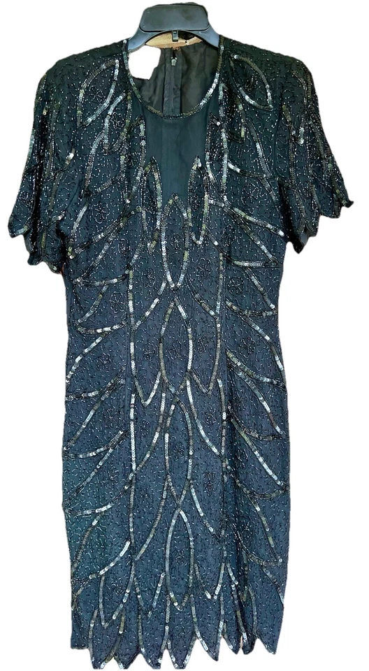 Vestido de Cóctel De Colección Stenay Seda Con Cuentas Talla 14 Negro Lentejuelas Manga Corta Retro Foto 2 de 4