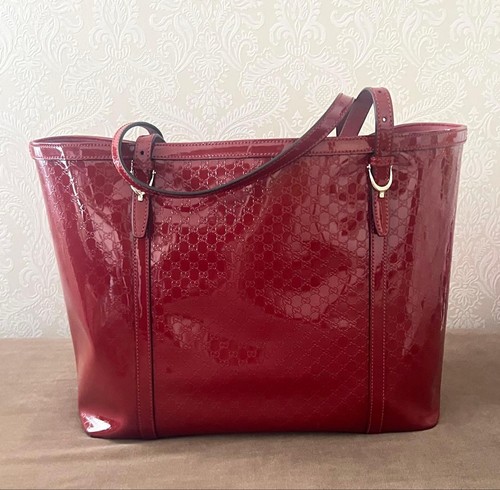 Gucci Enamel Red Tote Bag Logo Pattern Shoulder Handbag Authentic Excellent Con