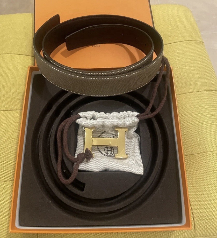Authentic HERMES Brown Leather reversable Belt with Goldtone H Buckle #48117