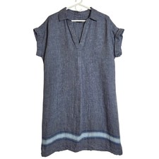 Talbots 100% Linen Blue Striped Hem Shift Dress Split Collar Neck Coastal Vaca