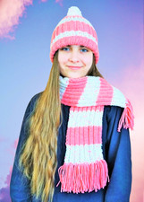 Handmade Hat  Scarf Set Pink Sparkle W/ Stripes Ribbed Soft Youth Girl NEW 
