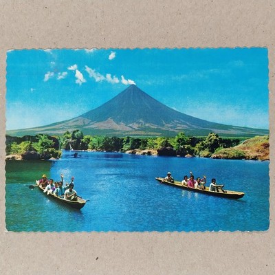 Philippines Vintage Postcard, Legaspi Albay, Mayon Volcano, Banca Canoe Boat A01