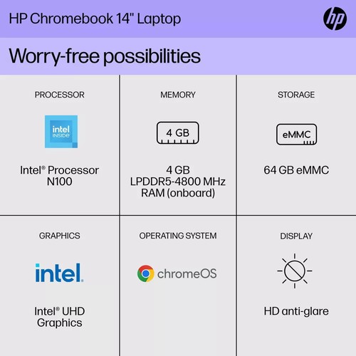 HP 14a-nf Chromebook 14" HD Laptop Intel N100 4GB 64GB Chrome OS, - Picture 6 of 6