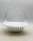Vintage Milk Glass Decorative Basket White with Clear Ruffled Rim Footed