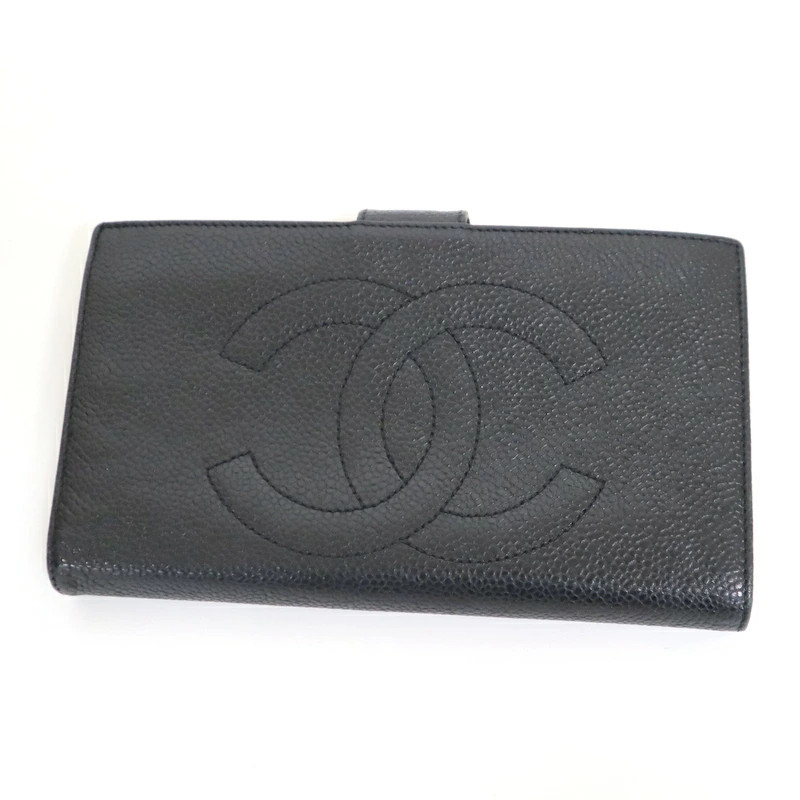 CHANEL Black Caviar Long Wallet Coin Purse A13498 7 Digits 3rd Series Pre-Owned