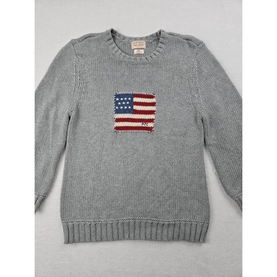 Ralph Lauren Polo Jeans Co Juvenil XL Gris Bandera Americana Suéter De Colección EE. UU. Tejido Foto 2 de 4