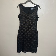 Guess Women's Dress Fringe Scallop Sleeveless Lined Black Gold Size 4