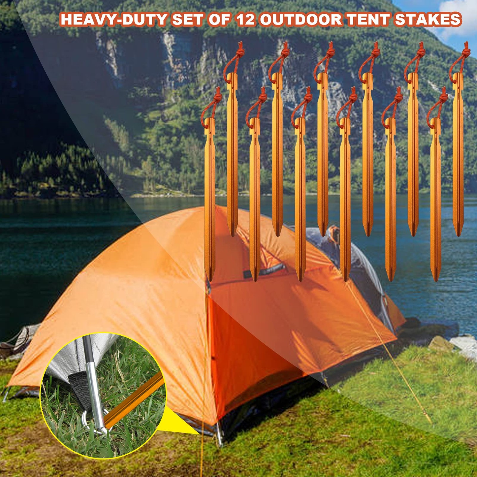 12 Pack Tent Stakes, 7075 Ground Metal Camping Aluminum Tent Pegs, Lightweight T