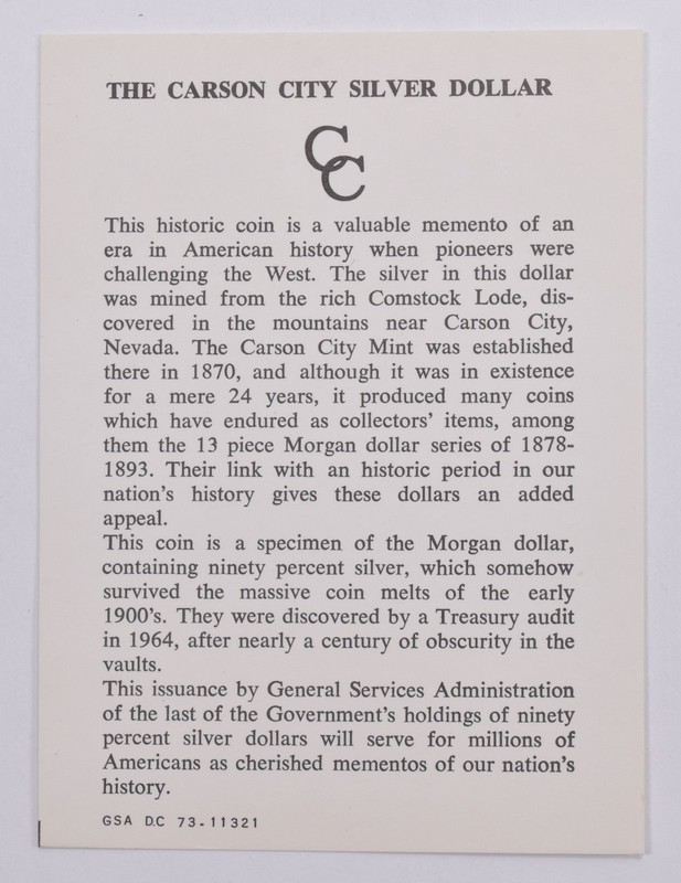 GSA COA Certificate Original Card for Morgan Silver Dollar 73.11321 *8298