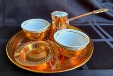 Vintage 1970s Yugoslavian Bosnian Souvenir Coffee Set Metal and Porcelain