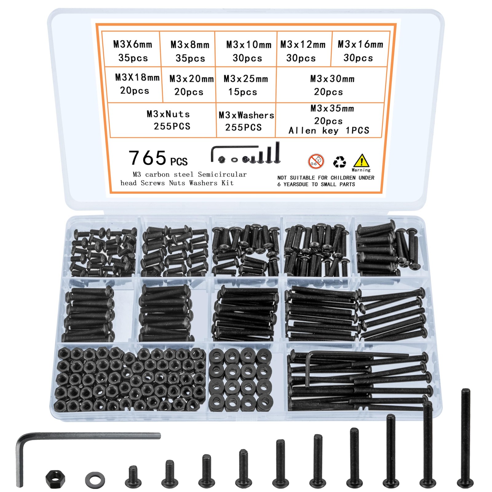 765 Pcs M3 Bolt and Nut Kit - Hex Socket Button Head Cap Screws, Washers Set