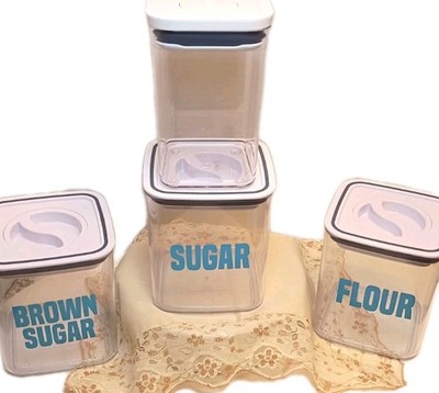 4 Plastic Canisters  3 Crofton Twist&Lock 1 oxo Pop Lock Brown Sugar Flour Sugar