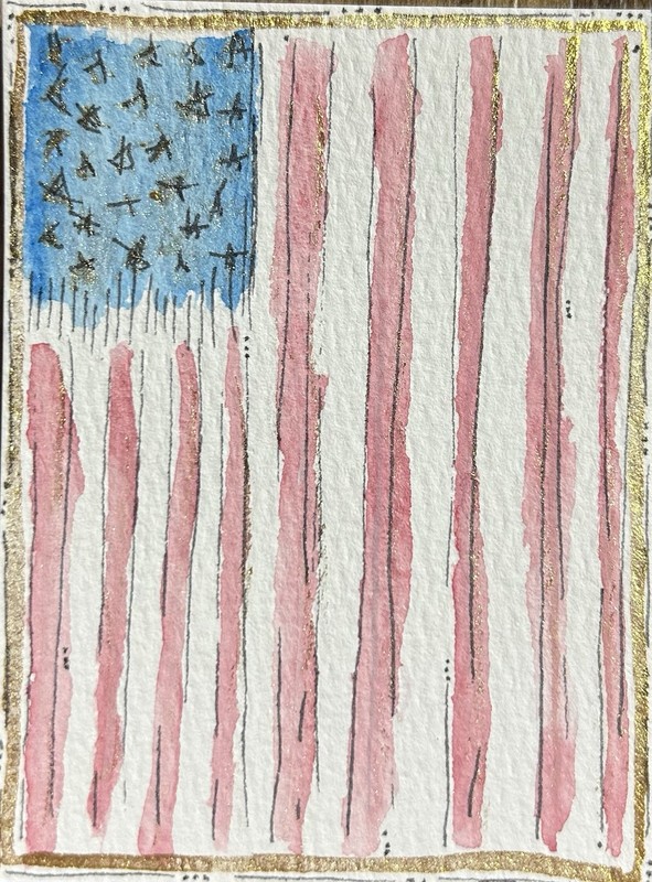 ACEO American Vertical Flag Watercolor Original Art Miniature Painting