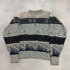 Vintage Abstract Knitted Jumper Patterned Grandad Knit Sweater Men's Xl