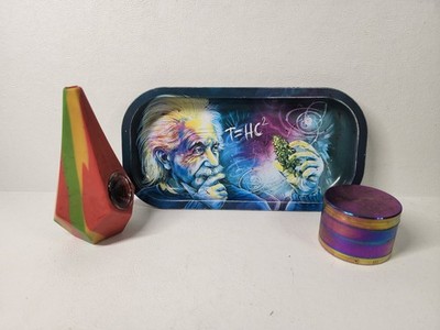 T=HC2 Einstein 8x4 In Metal Rolling Tray, Herb Grinder & Silicone Diamond Pipe
