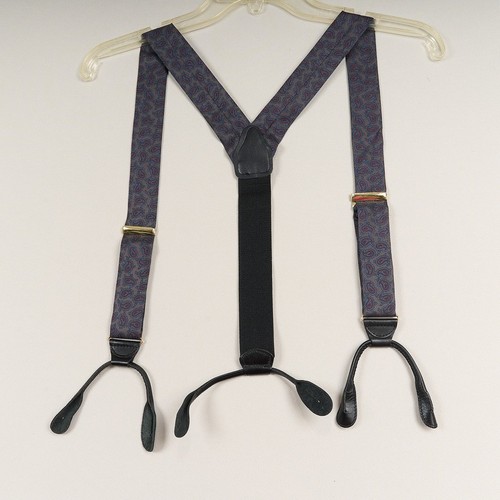 Vintage Silk Suspenders Gray Paisley Leather Button On Style Adjustable Made USA