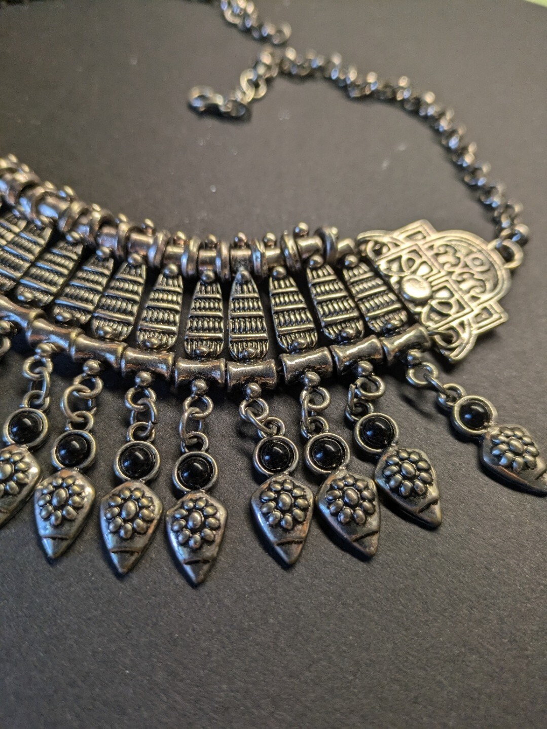 Metal silvertone statement adjustable necklace wi… - image 2