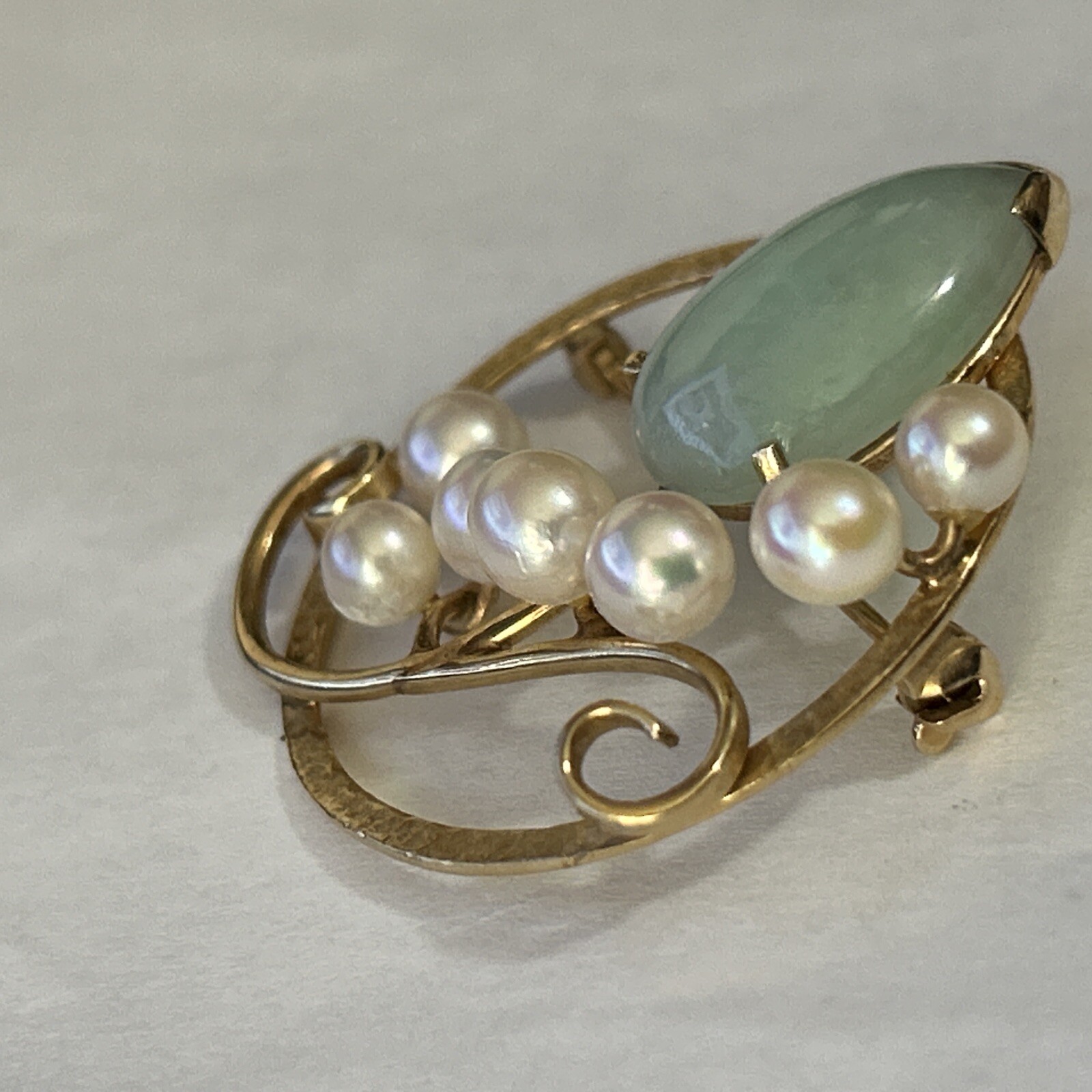 MING'S HAWAII JADE PEARL LEAF BROOCH PIN 14K YELLOW GOLD MINGS JEWELRY