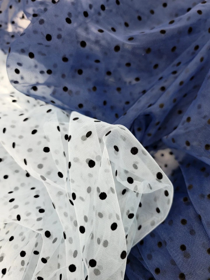 Vintage Sky Blue Tulle Black Velvet Polka Dot Pattern Lace Fabric By The Yard  - Image 4 of 4