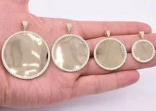 Round Medallion Picture Frame Memory CZ Charm Pendant Real SOLID 14K Yellow Gold