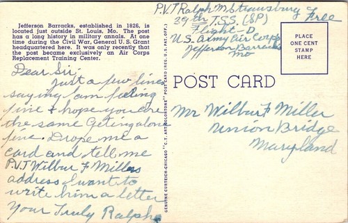 Postcard Army Barrack, Reception Center, Jefferson Barracks, Missouri - Picture 2 of 2