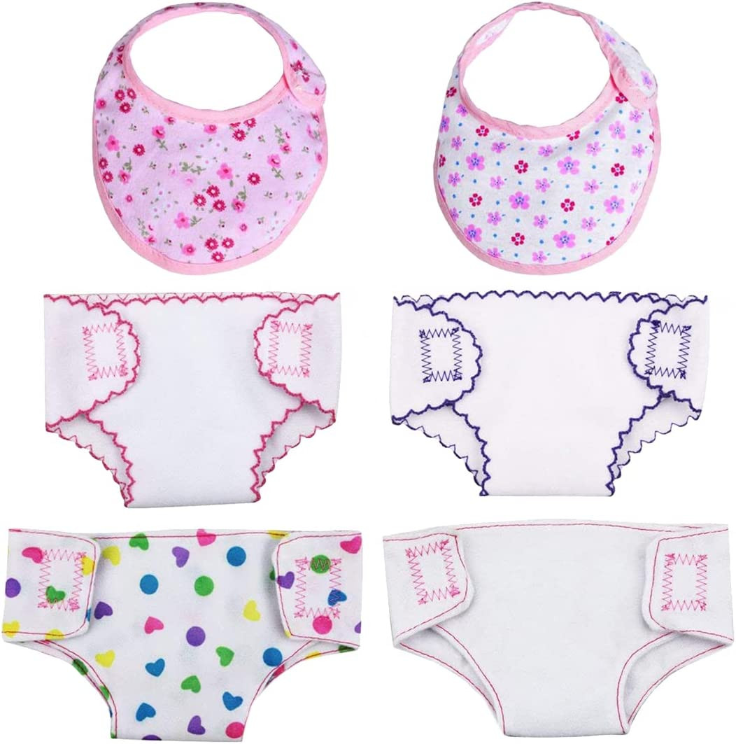 4 Pcs Doll Diapers Doll Underwear and 2 Pcs Doll Bibs for 14-18 Inch Baby Dolls,