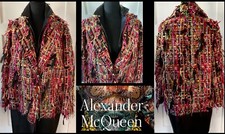 ALEXANDER MC QUEEN WOMANS  COAT MIXED KNIT WI/LEATHER COLAR BOARDER HEM RARE 