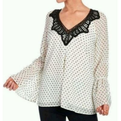 DR2 Chiffon Swiss Dots Crochet Lace V Neck Bell Sleeve Boho Top S