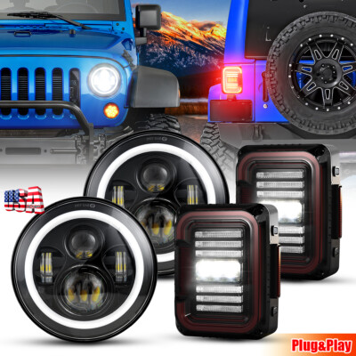 130W Projector 7'' LED Halo Headlight Tail Light for Jeep Wrangler 2007-18 JK Kit