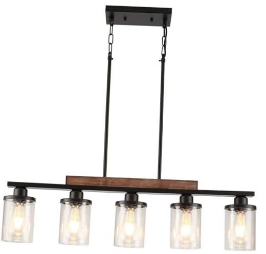 Dining Room Light Fixture,5-Light Kitchen Island Black Metal + Clear Glass