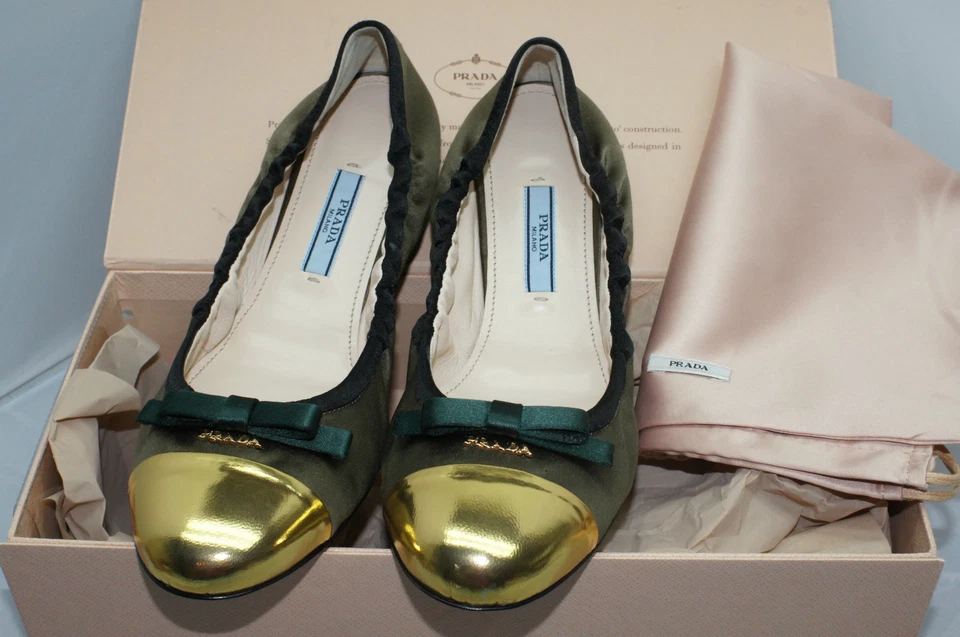 Nuevos zapatos para mujer Prada bailarina planos talla 37 verde dorado ballet Foto 4 de 4