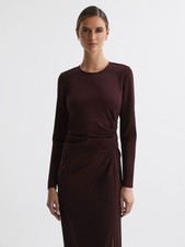 REISS Anais Ruched Bodycon Midi Dress in Burgundy in UK Size 12