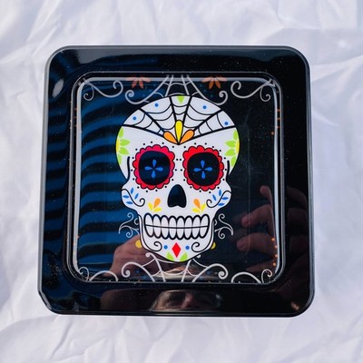 Day of the Dead Sugar Skull Metal Tin Box Decorative Storage Container Black