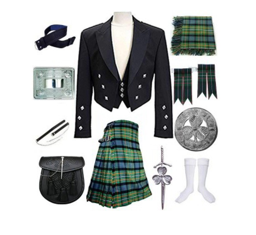 Men Prince Charlie Jacket Waistcoat Kilt Outfit Scottish Wedding Formal Tux Set