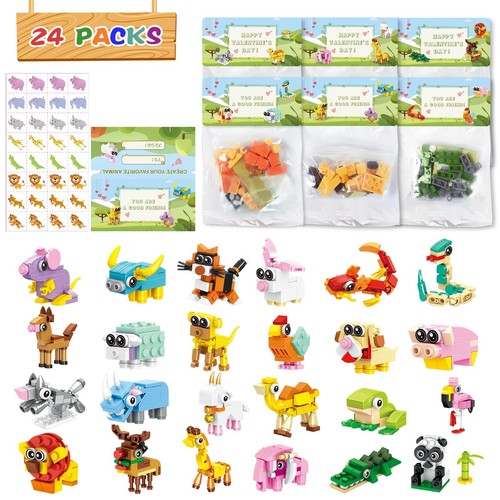 24 Packs Valentines Day Gifts for Kids School, Animal Building Blocks ...