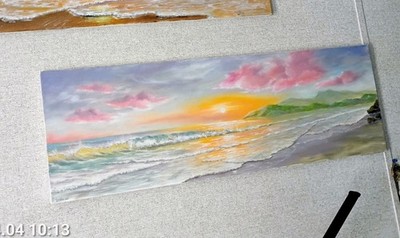 Art 12''/36'' Colorful sunset.  Original oil painting. Beach waves 