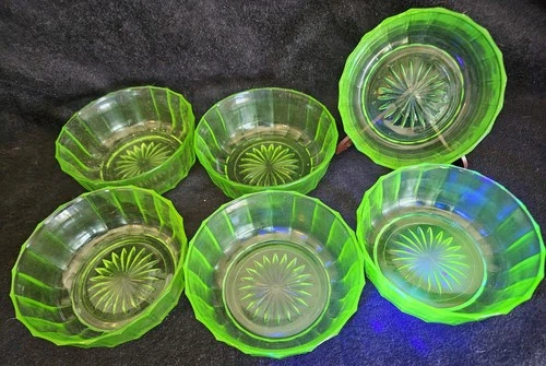 Vintage Green Uranium Depression Glass Berry Bowls Set of 6