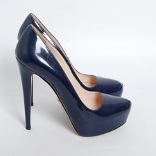 PRADA Women Navy Blue Pumps Patent Leather Stiletto High Heel Shoes Size EU 38.5