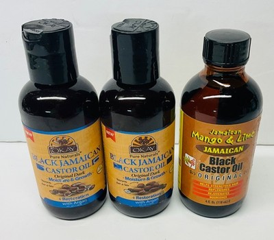 2 OKAY Original Dark Pure Natural Black Jamaican Castor Oil 4oz & 1 Mango & Lime