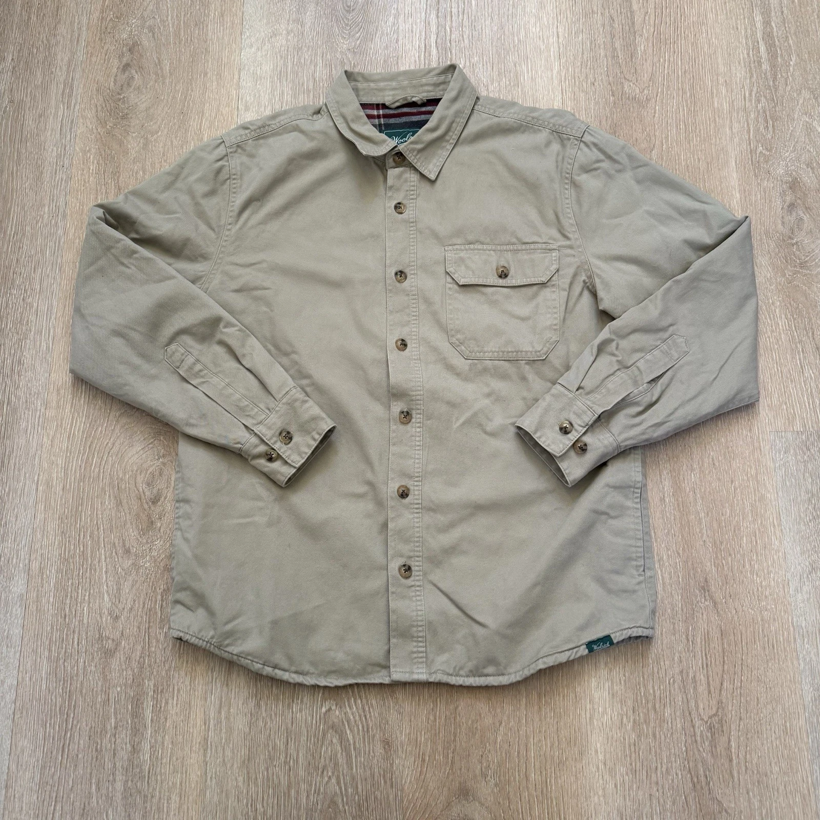 Woolrich Shacket Men Medium Tan Flannel Lined Button Up Jacket Shirt Outdoor