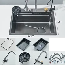 Stainless Steel Waterfall Kitchen Sink Large Single Slot Integrated 60X45Cm Fauc
