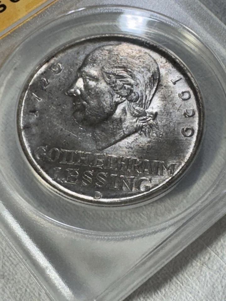 1929-D Germany 5 Marks Gotthold Lessing Graded MS 62 by ANACS Low Mintage - Image 2 of 4