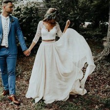 Boho Wedding Dress 3/4 Sleeves A Line White Ivory Chiffon Lace Beach Bride Gowns