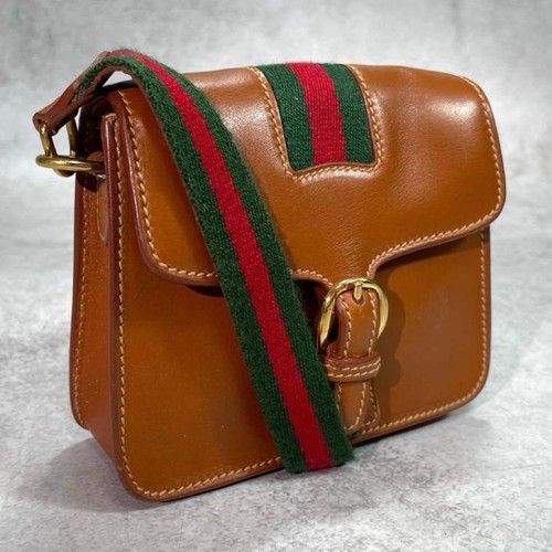 GUCCI 007.1274.0230 Sherry Line Shoulder Bag Brown Leather Gold Hardware Logo
